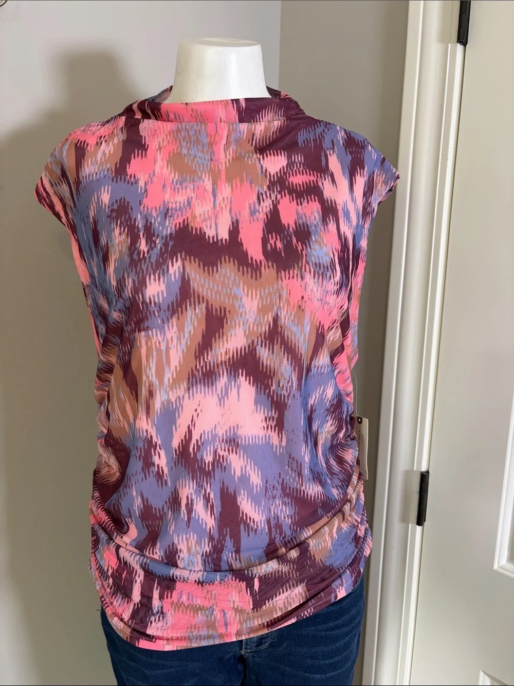 Anthropologie Maeve Mock Neck Mesh Muscle Top Side Ruched Pink Brown Sz L NEW